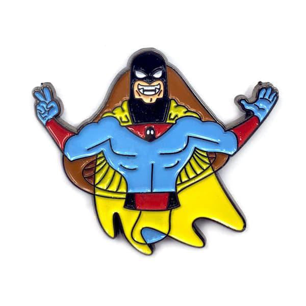 Kolorspun Pins Space Ghost enamel pin featuring Space Ghost in blue suit, yellow cape, black mask; standard rubber backing.