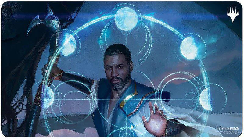 Teferi, Who Slows the Sunset Playmat (MID), Magic: The Gathering, featuring a man in a blue robe casting a glowing spell.