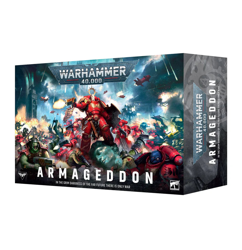 Warhammer 40,000 Armageddon 11th Edition Launch Box with Blood Angels and Orks miniatures.