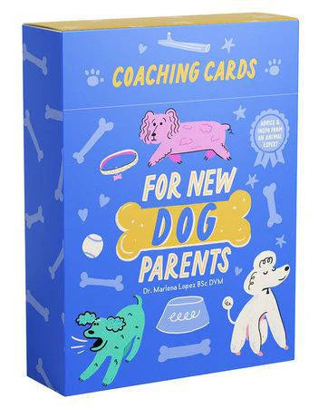Blue box labeled Coaching Card for New Dog Parents with dog, bone, and ball illustrations.
