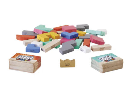 Jenga Maker - Jenga for Teams set with colorful blocks, cards, and a yellow block.