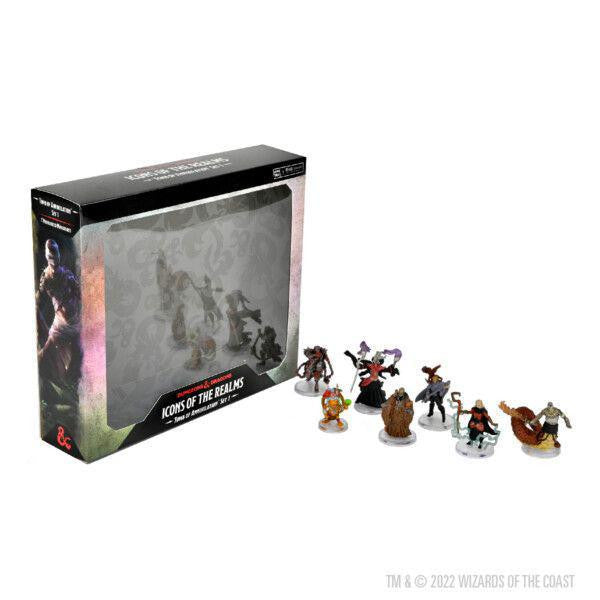 D&D Icons of the Realms Tomb of Annihilation Box 2 with 7 character miniatures shown outside the box.
