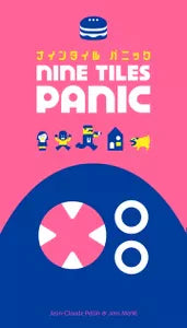 Nine Tiles Panic board game box featuring bold title and cartoon tile-laying game design.