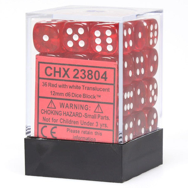 Clear box containing 36 translucent red 12mm dice with white pips; box labeled with warnings and product info.