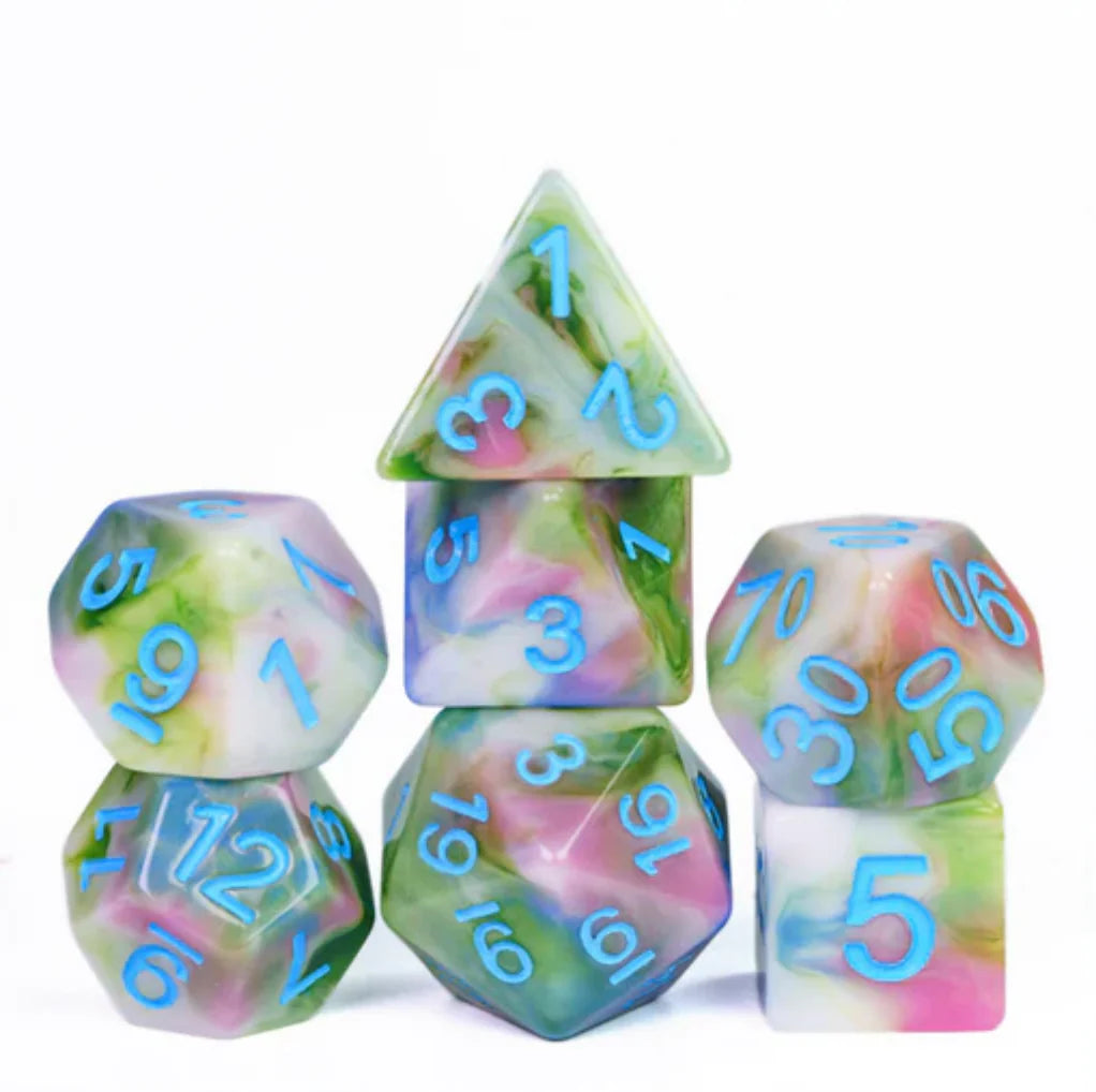Field of Spring RPG Dice Set with colorful resin polyhedral dice and blue numbers, stacked in a pyramid.