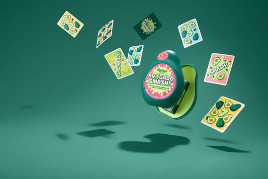 Avocado Smash card game with avocado-themed cards on a green background.