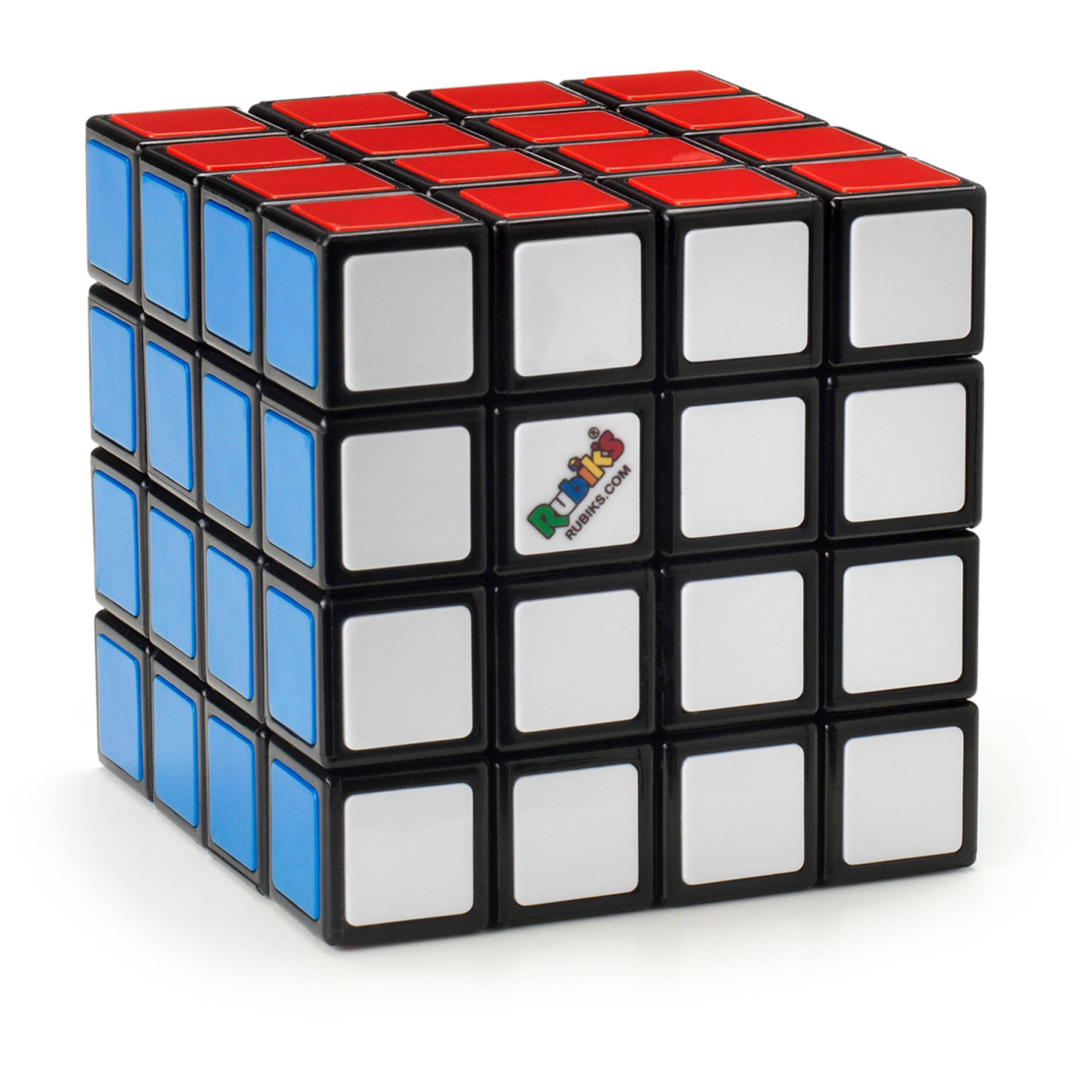 Rubiks 4x4 cube showing red, blue, and white sides with Rubiks.com logo and twisty puzzle pattern.