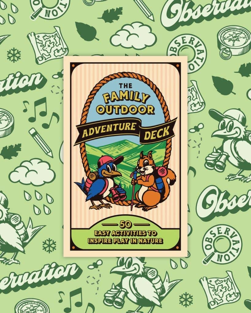 Family Outdoor Adventure Deck, activity cards for families with cartoon animals and nature-themed design.