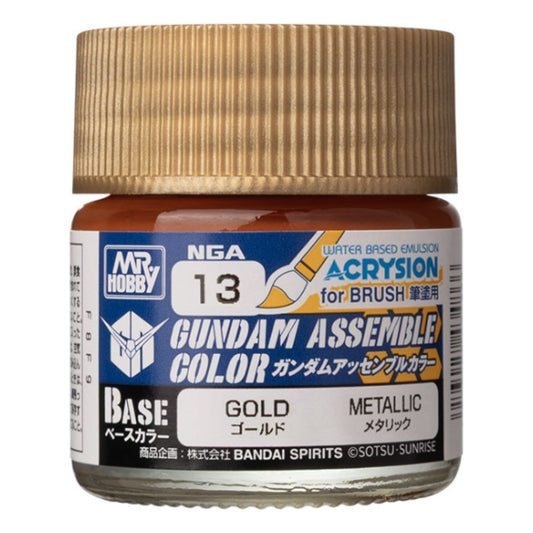 Jar of Gundam Assemble Color Base Matte-Gold water-based paint for Gunpla miniatures.