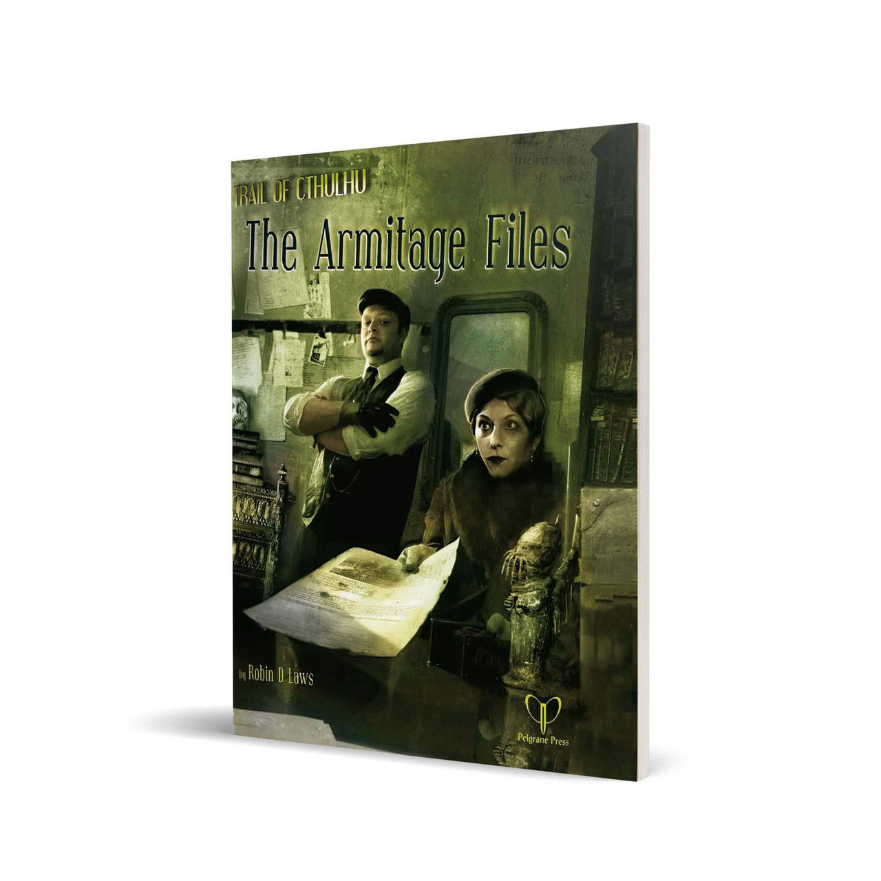 Armitage Files RPG cover featuring two people examining documents in a dark office, Trail of Cthulhu inspired.
