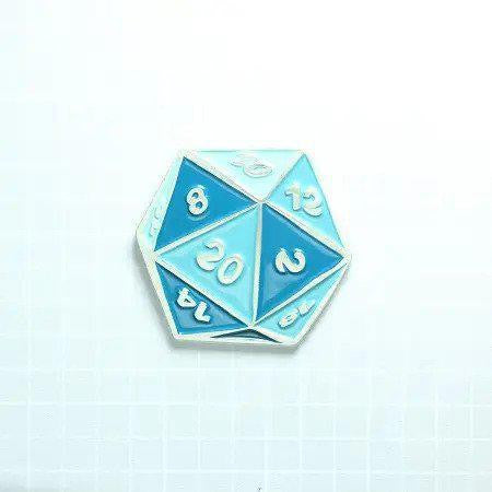 Turquoise blue D20 enamel pin with white numbers.