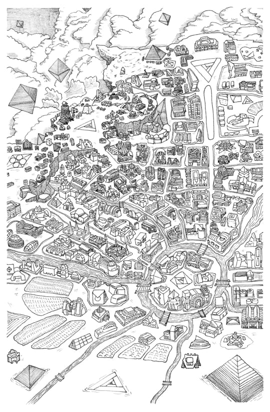 Aerial cityscape drawing with pyramids, inspired by Claw Atlas: New Maps for Beak, Feather, & Bone and city maps.
