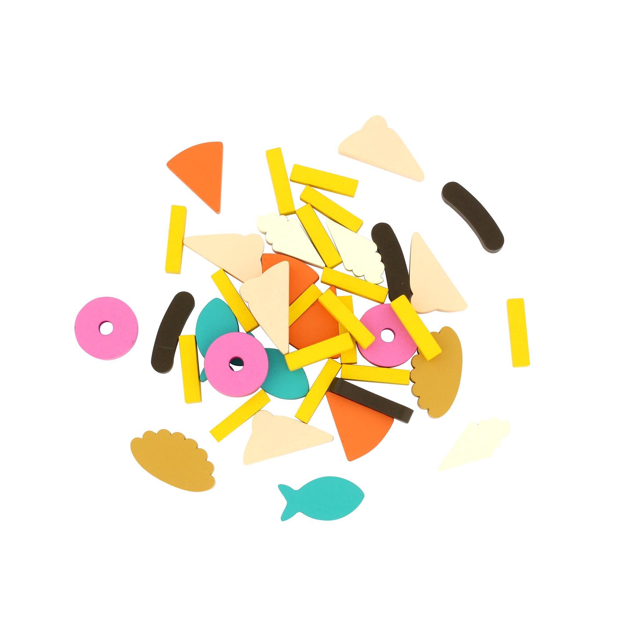 Colorful wooden geometric and food-shaped craft pieces for the Beaks dexterity game.