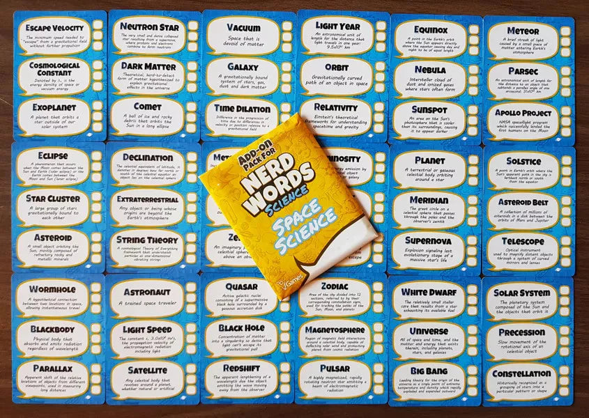 Nerd Words: Science card deck featuring space-themed science words and definitions.