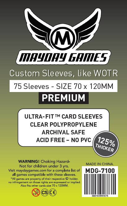 Special Order Custom WOTR-CE Sleeves, 70x120mm, pack of 75, safety information shown on packaging.