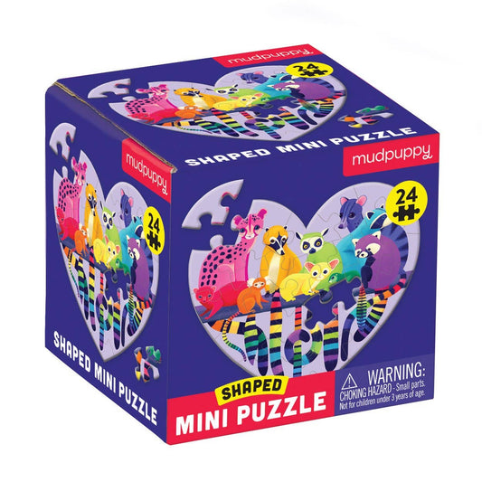 Love in the Wild 24 Piece heart-shaped mini puzzle with colorful animals on blue, by Mudpuppy.