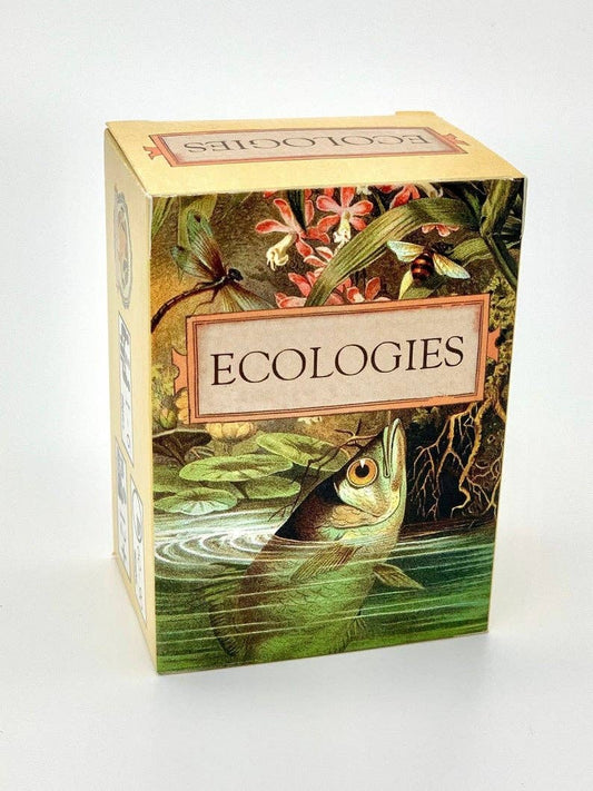 Ecologies Card Game box showing a fish, plants, flowers, and a dragonfly in water.