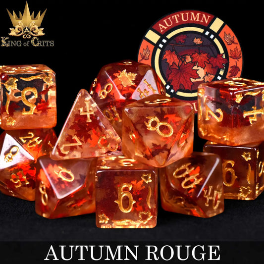 Autumn Rouge 11 Dice Set with translucent layers, red confetti leaves, and an Autumn maple leaf token.