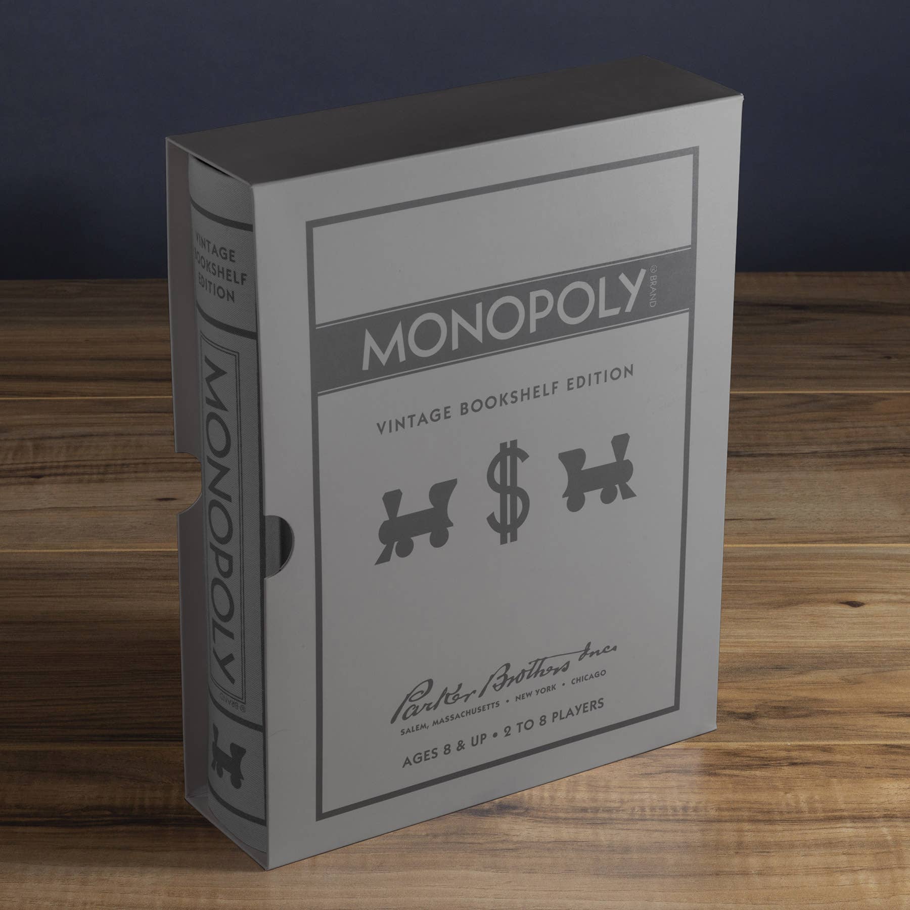 Monopoly Vintage Bookshelf Edition with Parker Brothers logo and premium game components.