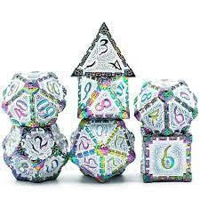The Dagger of Venom: White on Black RPG Metal Dice Set with five uniquely shaped multi-sided dice.