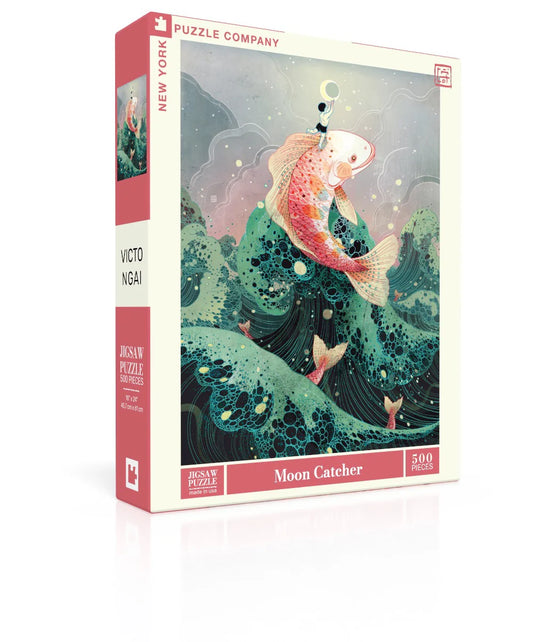 Moon Catcher 500 Piece Puzzle with illustration of a koi jumping over green waves beneath a glowing moon.