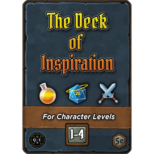 Deck of Inspiration: Lvl 1-4 for D&D 5e, with potion, die, and sword icons for the inspiration mechanic.