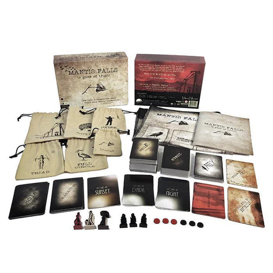 Mantis Falls board game with cards, boards, tokens, bags, and pieces arranged on a white surface.