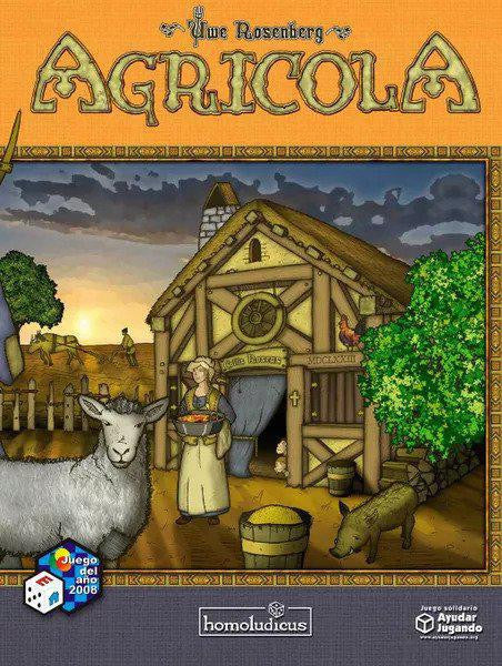 Agricola Revised Edition board game cover featuring 17th-century farm scene with animals and a woman by a barn.
