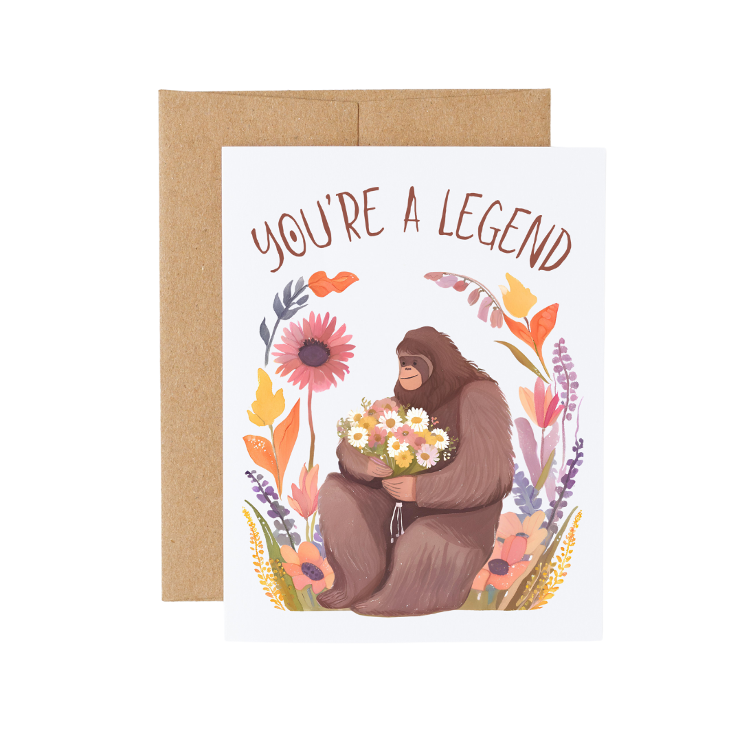 Bigfoot Floral You’re a Legend Card for Friend, blank inside, matte card stock, features Bigfoot with flowers.
