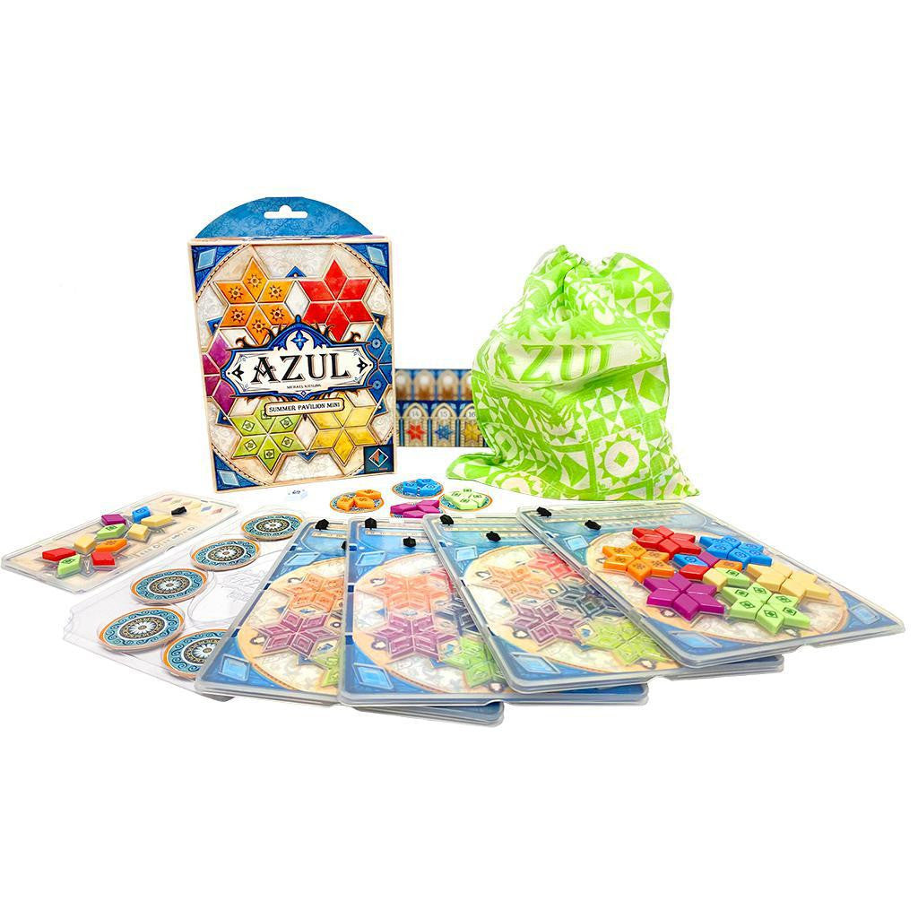 Azul Mini Summer Pavilion game with tiles, boards, rulebook, and green bag on white background.