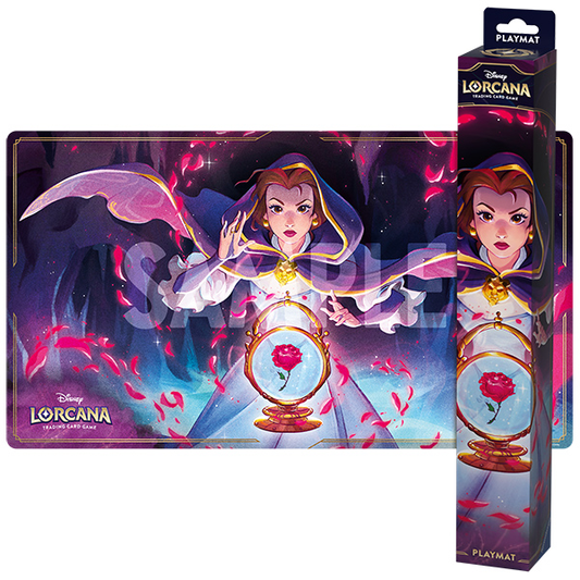 Lorcana Shimmering Skies Playmat featuring Belle with the enchanted rose.
