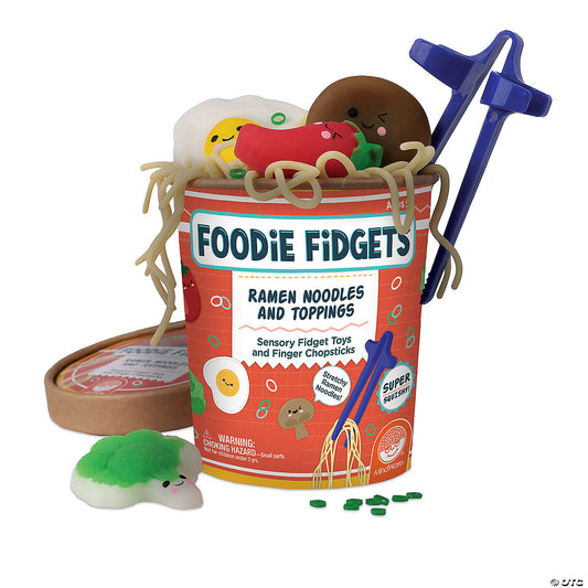 Foodie Fidgets Ramen Noodles and Toppings fidget toy with squishy noodles, separate toppings, and blue chopsticks.