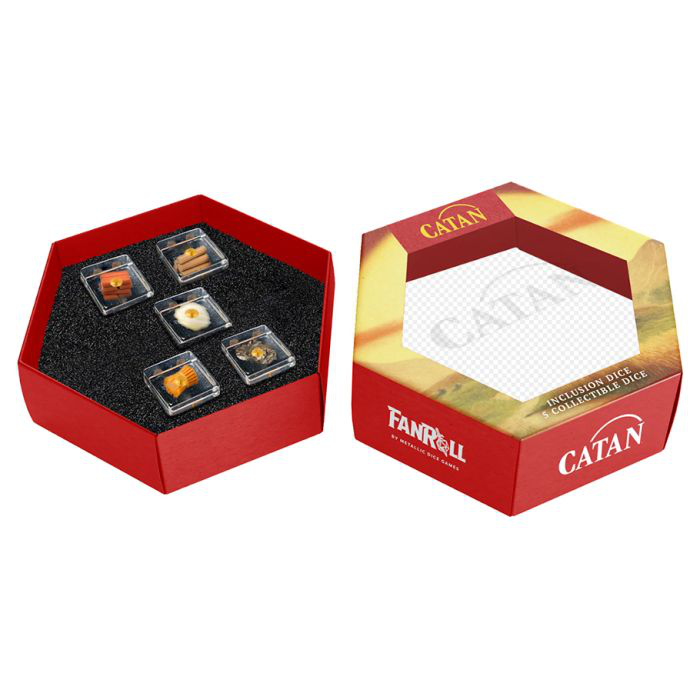 CATAN: Inclusion Dice Set with four dice in a hexagonal box, lid placed next to the open container.