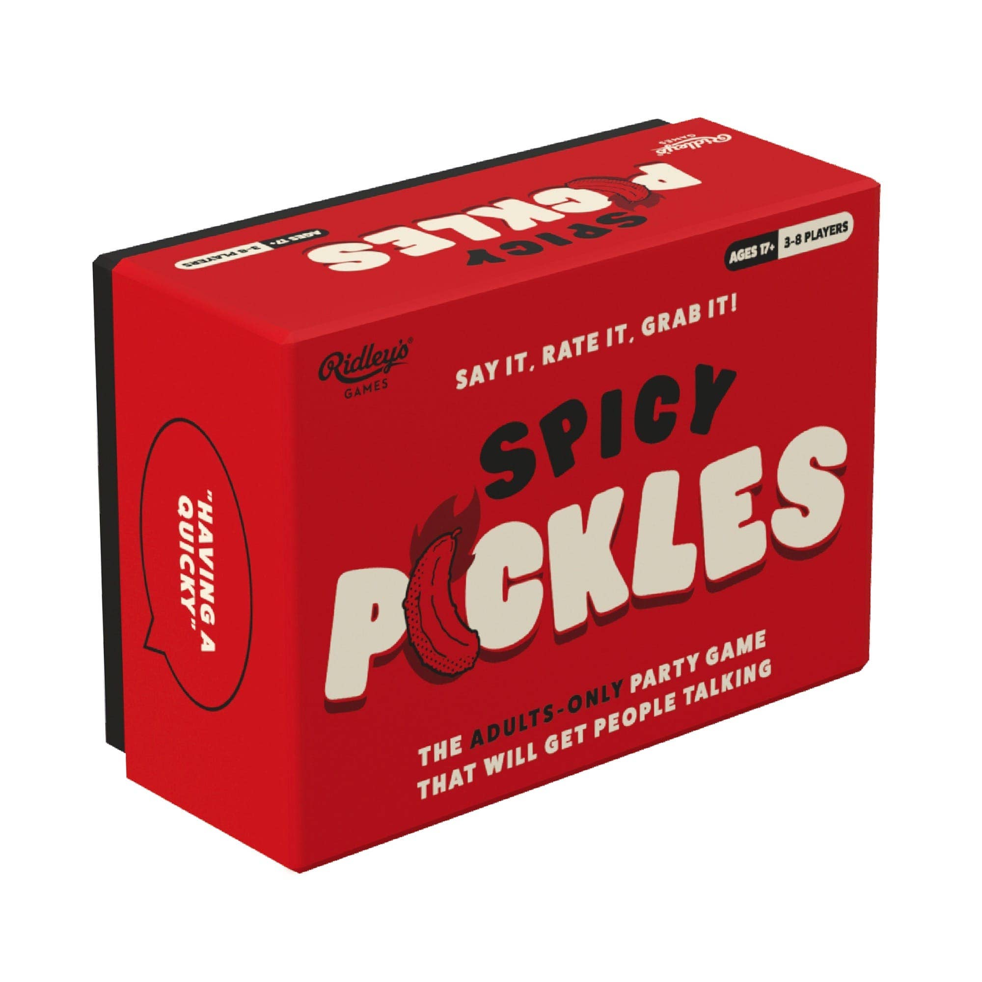 Red Spicy Pickles card game box for adults, 3-8 players, ages 17+, by Ridleys Games.