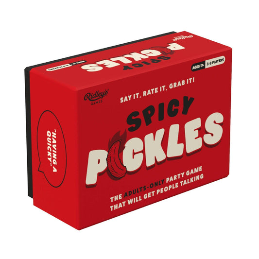 Red Spicy Pickles card game box for adults, 3-8 players, ages 17+, by Ridleys Games.