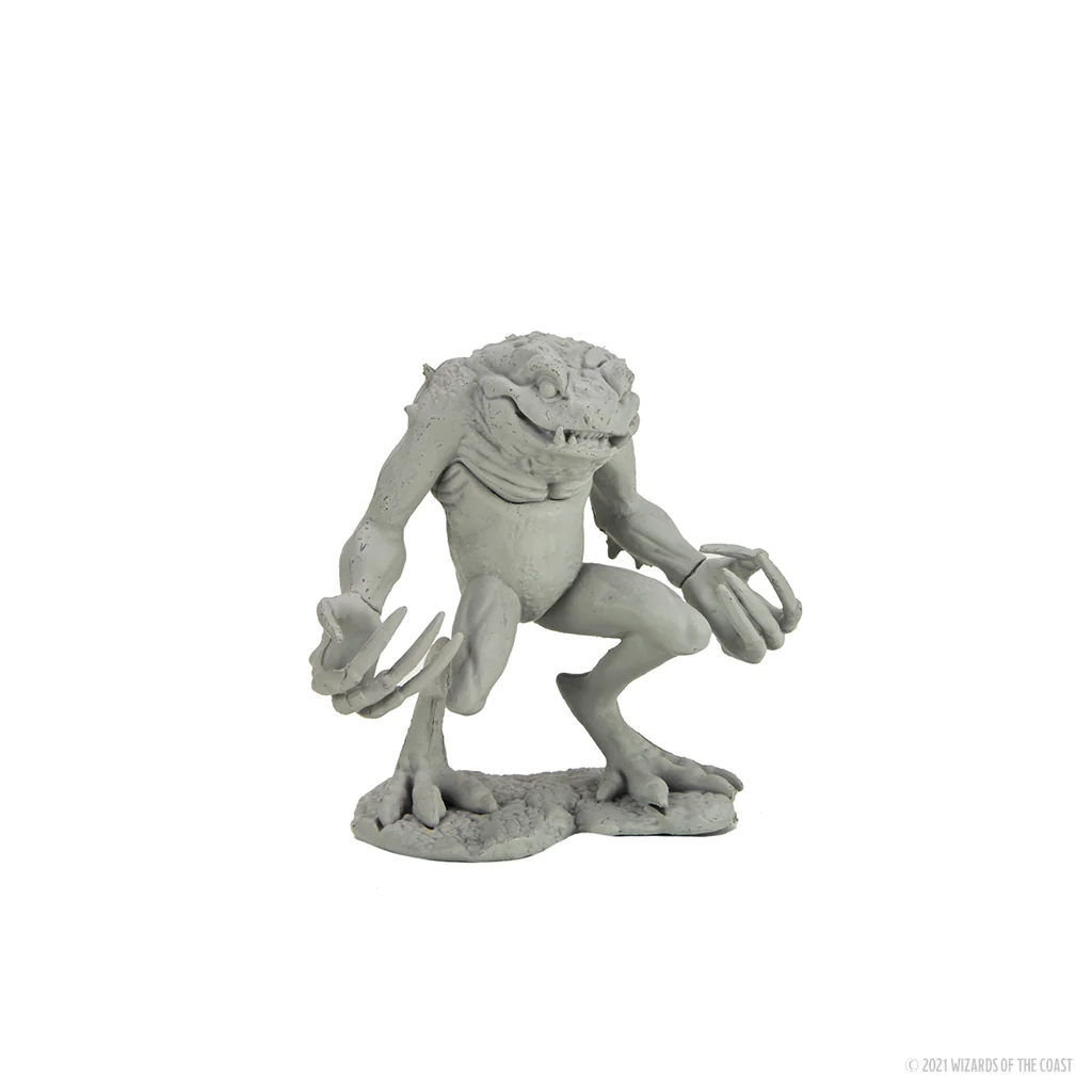 D&D Nolzurs Marvelous Miniatures Red Slaad crouching with claws and open mouth on a textured base.