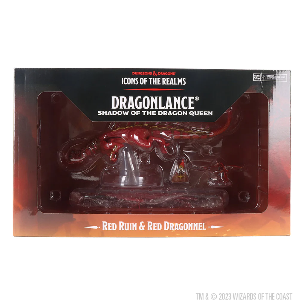 D&D Icons of the Realms Dragonlance Red Ruin and Red Dragonnel Miniature Set in clear box packaging.
