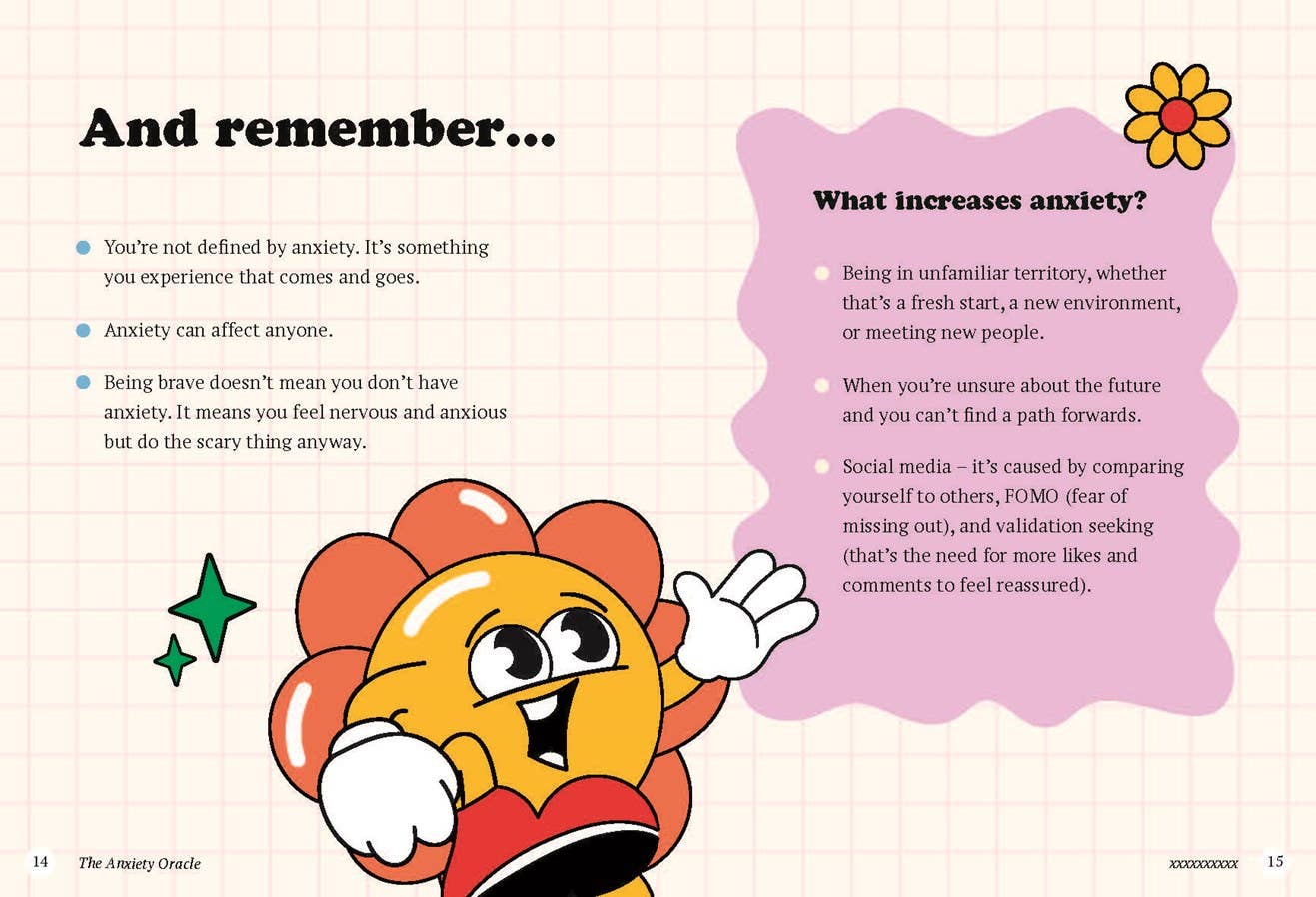 The Anxiety Oracle Deck with a cartoon flower illustration, includes tips and reminders for managing anxious feelings.