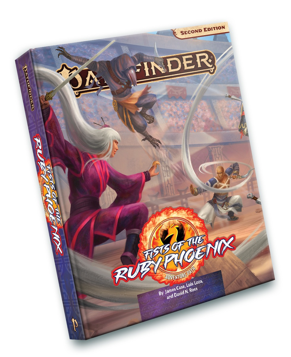Pathfinder 2E Fists of the Ruby Phoenix Adventure Path product featuring martial artists.