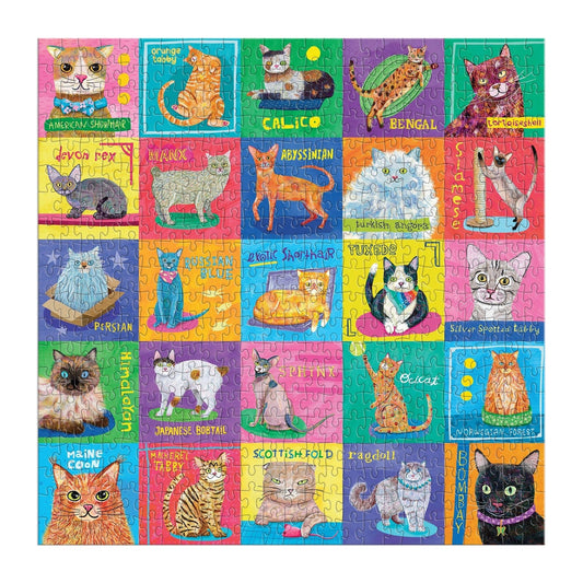 Purr-fect Portraits 500-piece puzzle featuring labeled illustrations of various cat breeds on a colorful background.