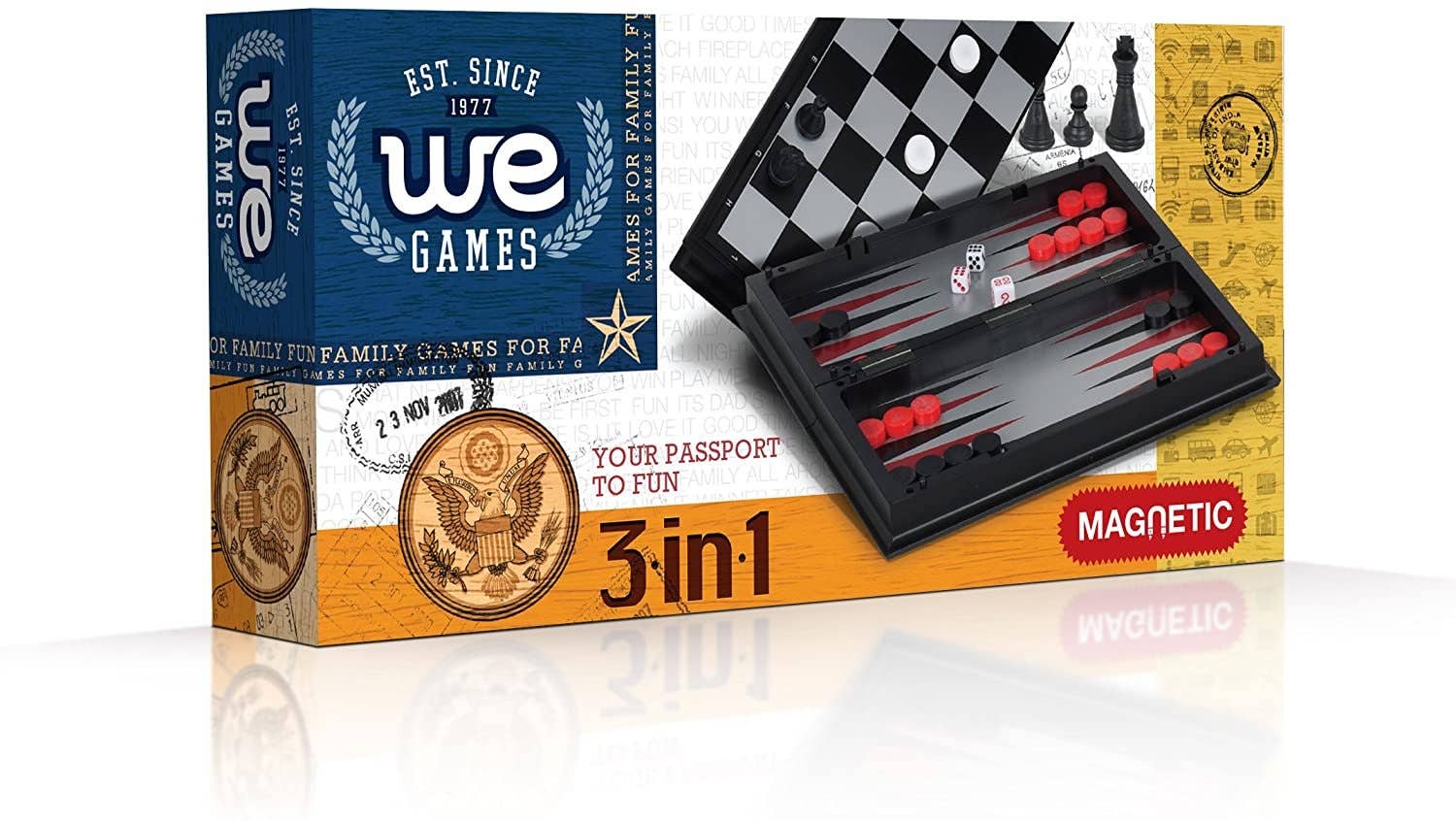 Magnetic 3-in-1 travel game set, 11-inch, includes chess, checkers, and backgammon.