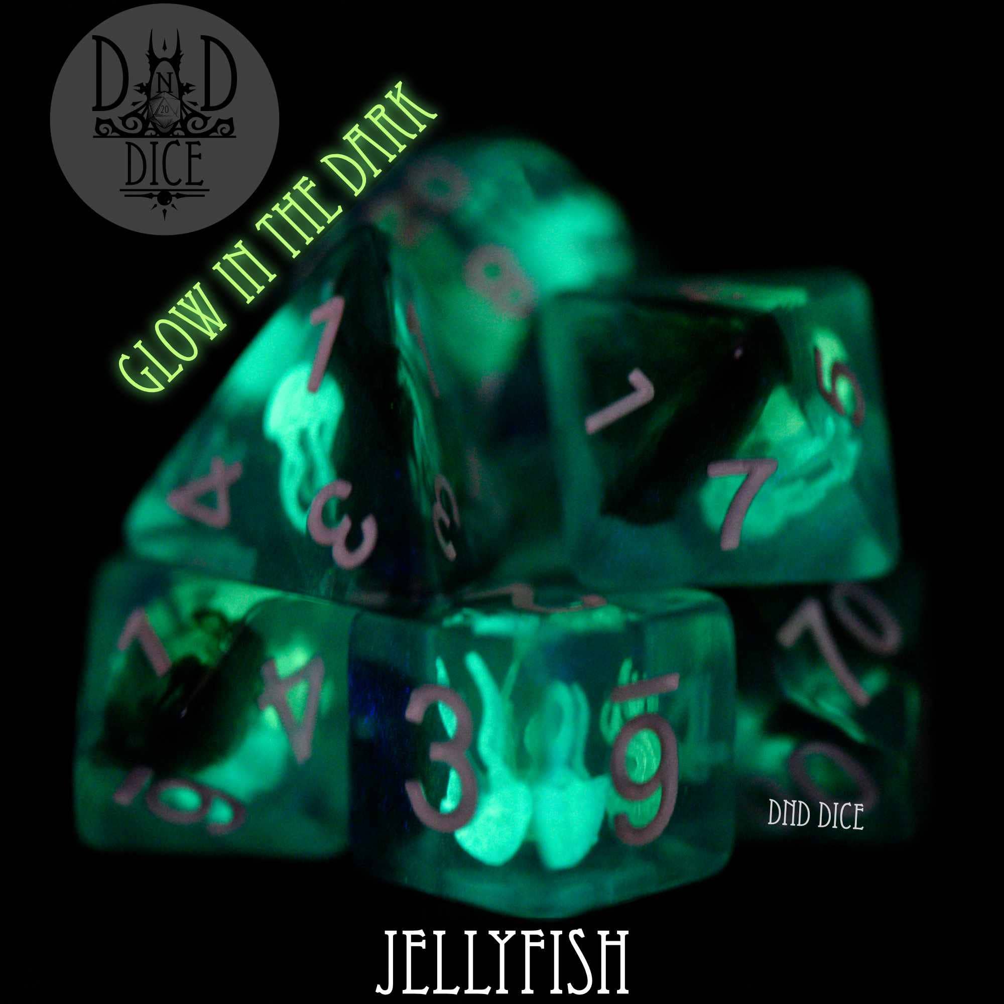 Jellyfish (Glow) green resin 7-dice set with glow-in-the-dark text.