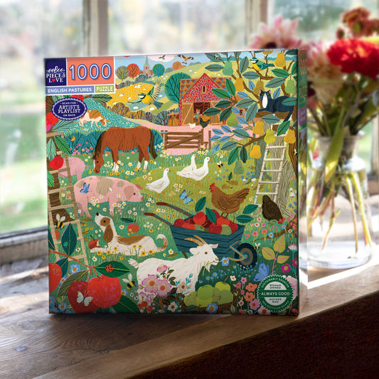 The English Pastures 1000 Piece Puzzle with a barn, farm animals, and greenery; made from sustainable materials.