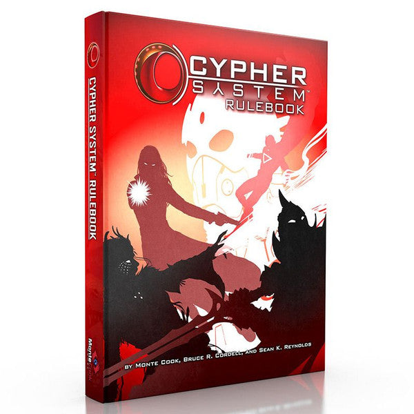 Cypher System 2nd Edition Rulebook with red cover, fantasy silhouettes, and large white mask on front.