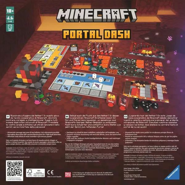Minecraft Portal Dash board game and pieces displayed on a red background.