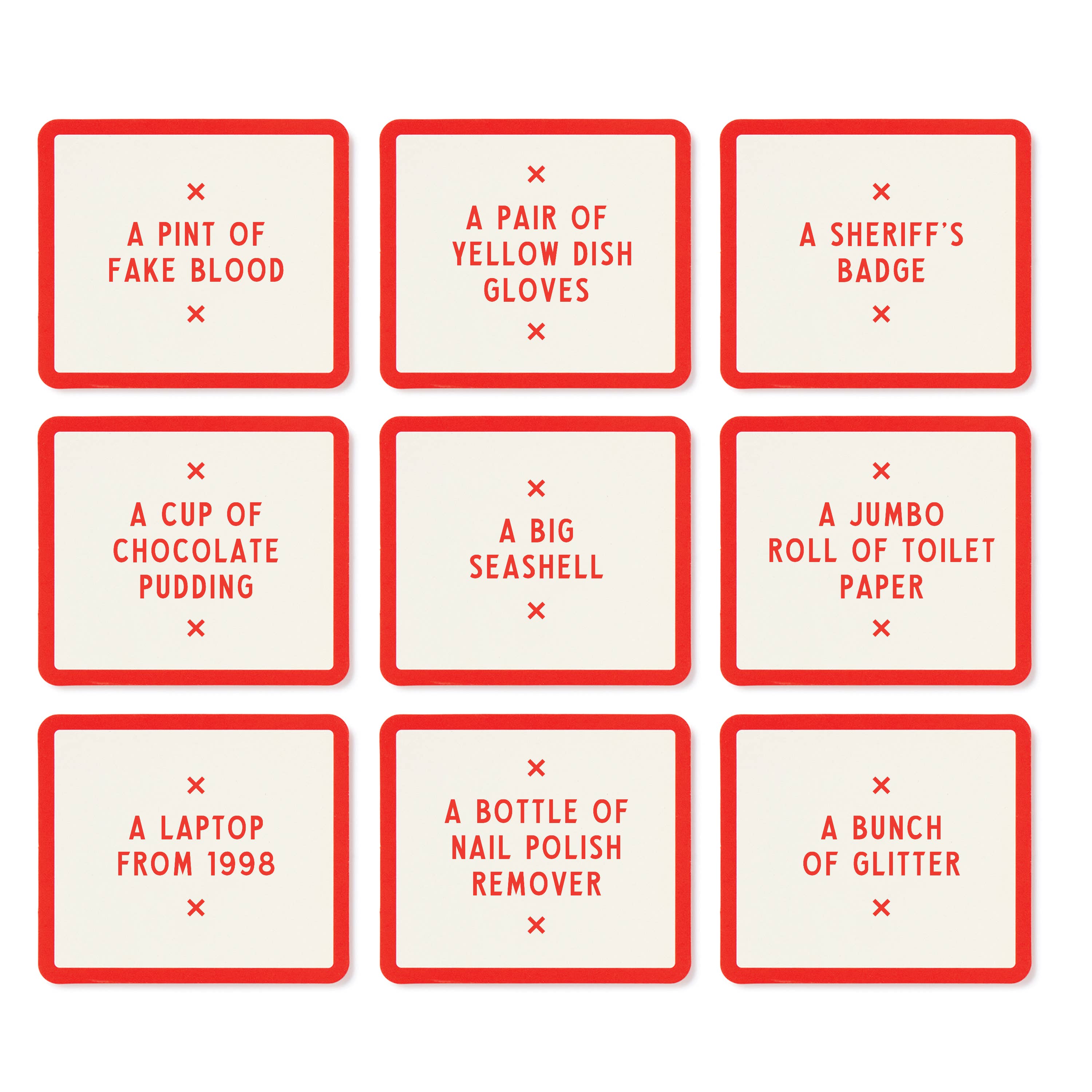 The Brass Monkey Not Today, Murder Game includes 9 clue cards such as fake blood and gloves.
