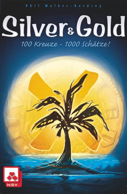 Silver & Gold family board game by Phil Walker-Harding, featuring a golden palm tree and X mark over a glowing sun.