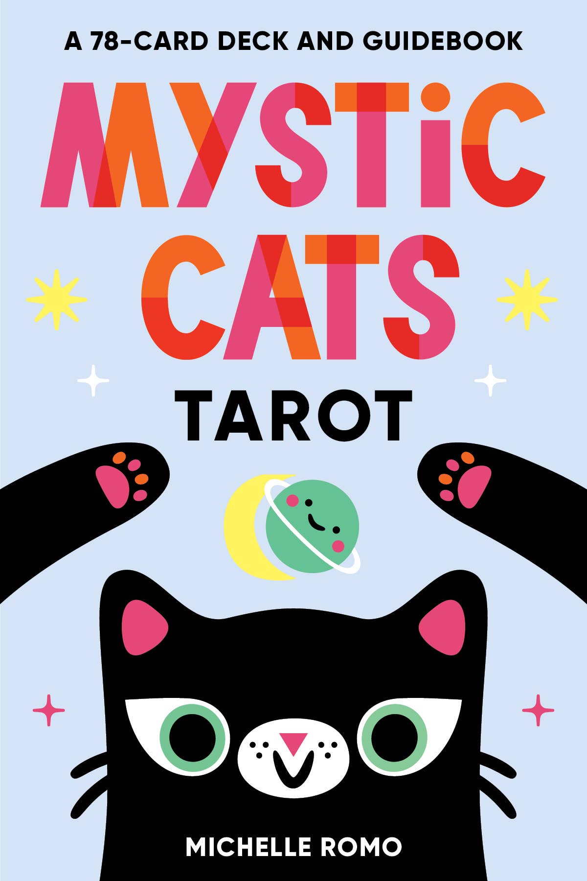 Mystic Cats Tarot: A 78-Card Deck and Guidebook book cover featuring kawaii cats and a cartoon black cat.