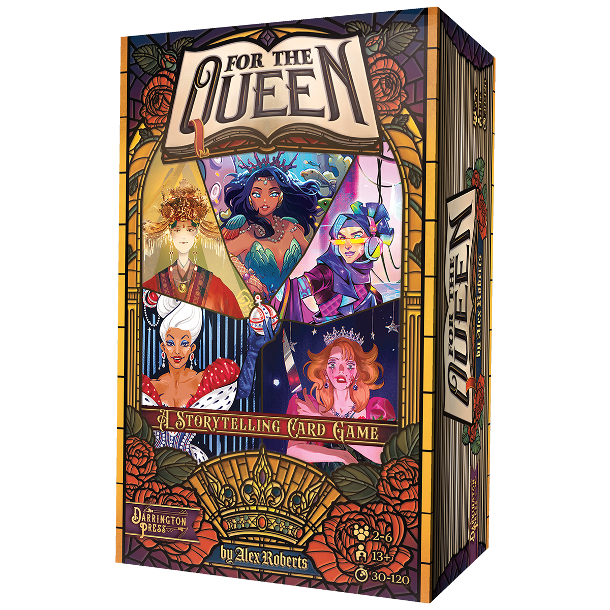 Box for For the Queen Storytelling Card Game with collaborative play and stained glass-style character illustrations.