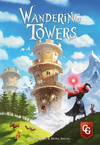 Wandering Towers game featuring a wizard in red casting a spell, with trees and mountains in the background.